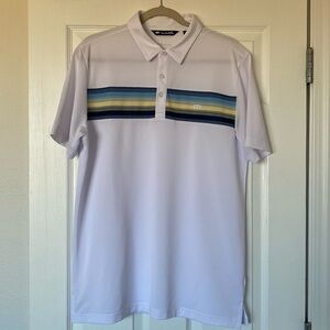 TravisMathew Golf Polo Shirt Men’s Size Large White with Blue & Yellow Detail